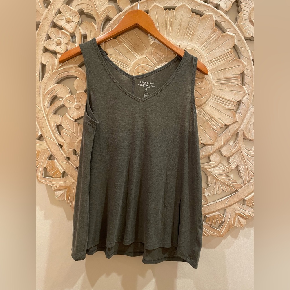 Gap Army Green Linen Blend Sheer Tank Blouse